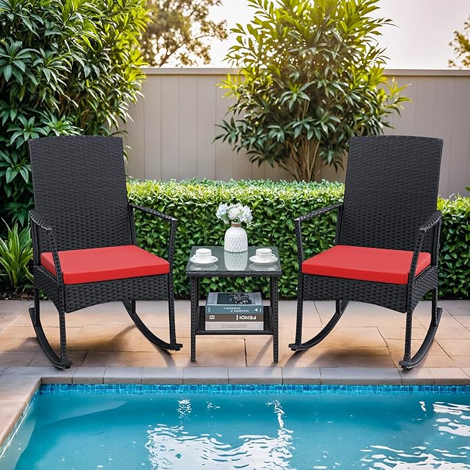 Greesum 3 Pieces Patio Furniture Set Outdoor Wicker Rocking Chairs with Glass Coffee Table for Garden Backyard Porch Poolside, Red - Image 3