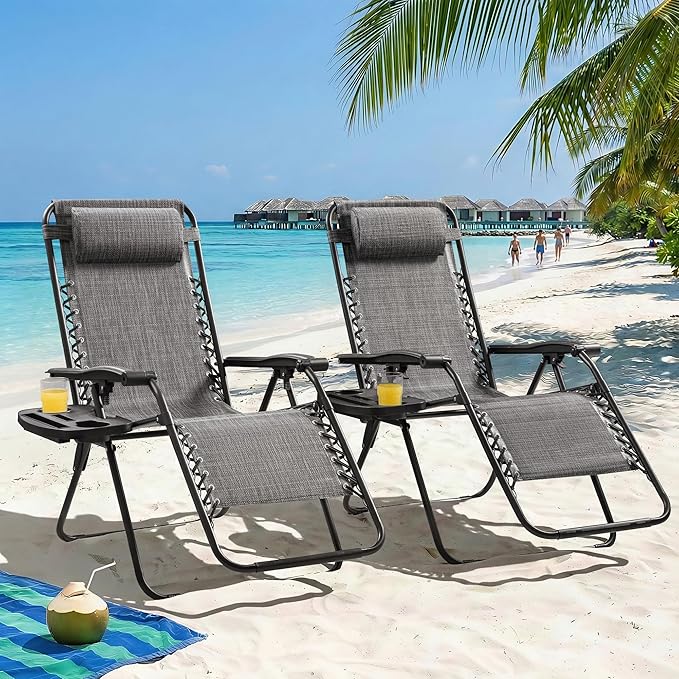 Homall Zero Gravity Chair Patio Folding Lawn Outdoor Lounge Reclining Chair with Cup Holder Pillows for Poolside Backyard and Beach Set of 4 Double Grey - Image 2
