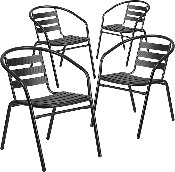 Flash Furniture Aluminum Slat Back Stacking Outdoor Restaurant Chairs, Modern Stackable Patio Chairs for Restaurants, Set of 4, Black by FlashFurniture