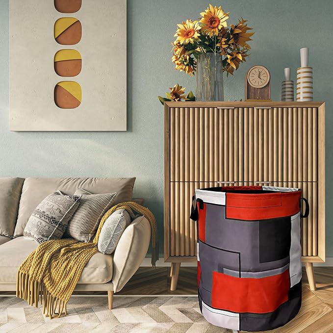 Red Grey Geometry Laundry Basket Foldable - Image 7
