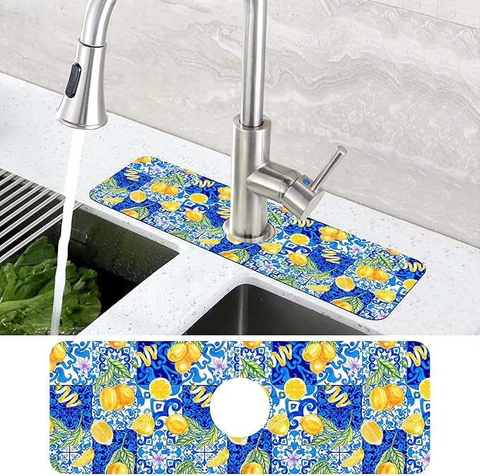 Blue Tiles and Yellow Lemon Sink Faucet Absorbing Mat Sink Splash Guard Faucet - Image 4