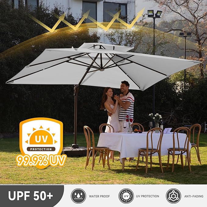 10 X 13 FT Cantilever Outdoor Patio Umbrella with Base Included Large Heavy Duty 360° Rotation Double Top Offset Rectangular Umbrellas with Led Lights for Backyard Outside Deck,Fog Grey - Image 5