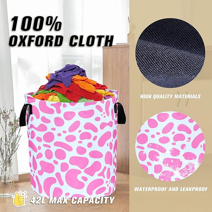 Pink Cow Print Laundry Basket Animal Foldable Oxford Cloth Funny Tote Bag - Image 7
