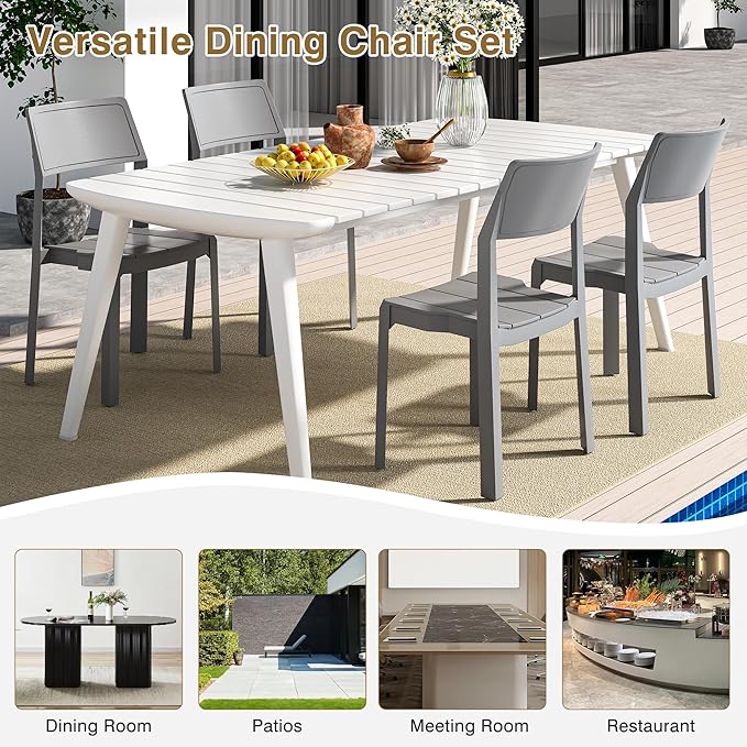 VECELO 4 Pack Stackable Dining Chairs, Plastic Patio Chairs for Indoor Outdoor Use in Kitchen, Poolside, No Assembly, Gray - Image 7