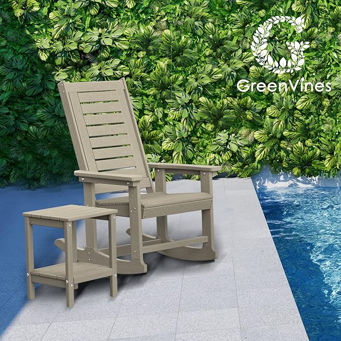 GREENVINES Outdoor Rocking Chair Set | 3-Piece | Desert Brown Wood Grain | 2 Rocking Chairs with 1 Side Table | Porch Rocker | HDPE Plastic | Patio Furniture Sets - Image 2