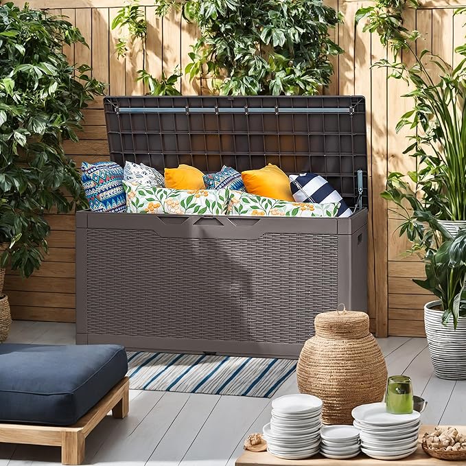 Flamaker Outdoor Storage Box 100 Gallon Waterproof Resin Deck Box Delivery Box with Air Rod Indoor Outdoor Lockable Storage Bench for Patio Cushions, Tools, Pool Accessories (Brown) - Image 6