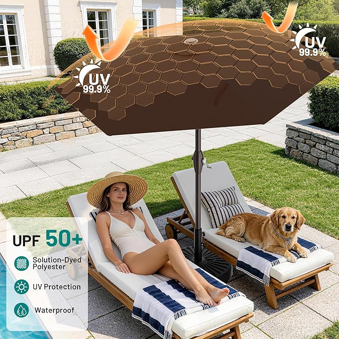 AreShark 7.5FT Patio Umbrella Table Market Umbrella with 6 Sturdy Ribs, Button Tilt/Crank, Heavy-Duty Outdoor Umbrellas for Pool, Deck, Garden and Backyard, Brown - Image 5