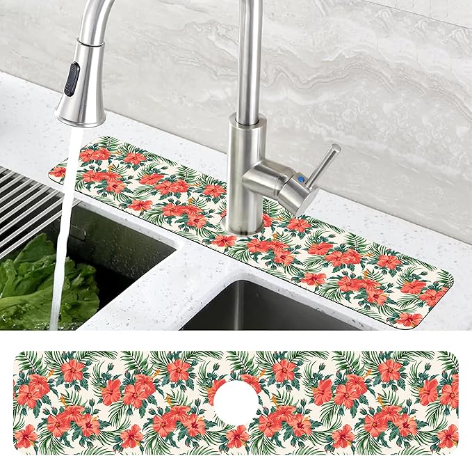 Tropical Leaves and Red Floral Kitchen Sink Splash Guard Mat Absorbent Fast - Image 4