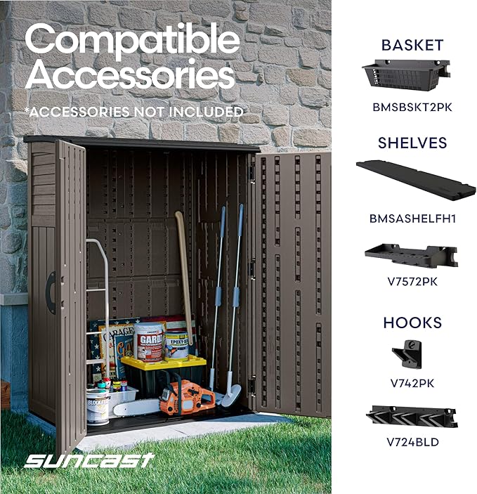 Suncast Outdoor Storage Cabinet Waterproof Resin Vertical Outdoor Storage Shed (54 cu. ft.) for Patio, Garden Tools, Cushions, & Equipment. Weatherproof Plastic Multi-Wall Design, Capacity Made in USA - Image 8