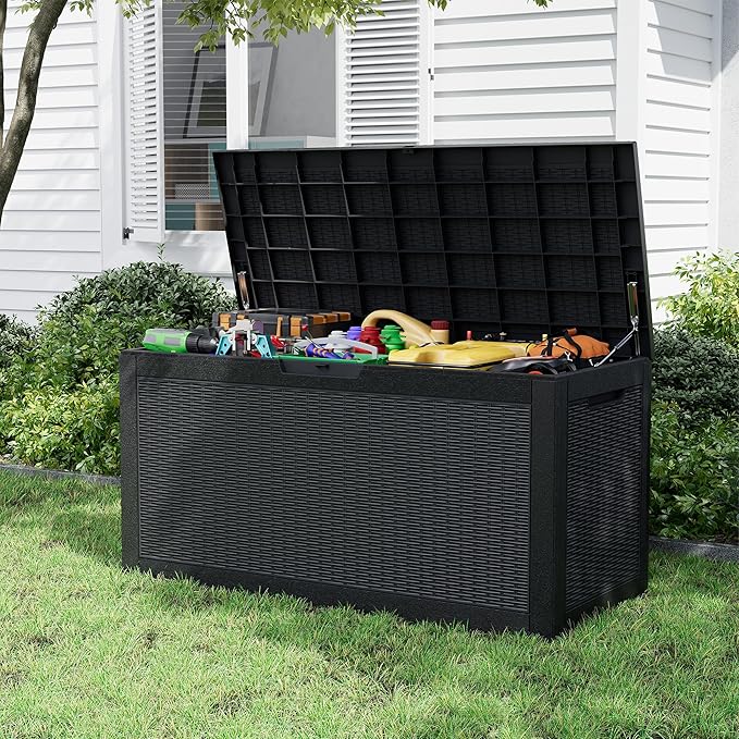 Outdoor Storage Box, Resin Deck Boxes Indoor and outdoor, Waterproof Storage Box Lockable Lid (Black, 110 Gallon) - Image 2