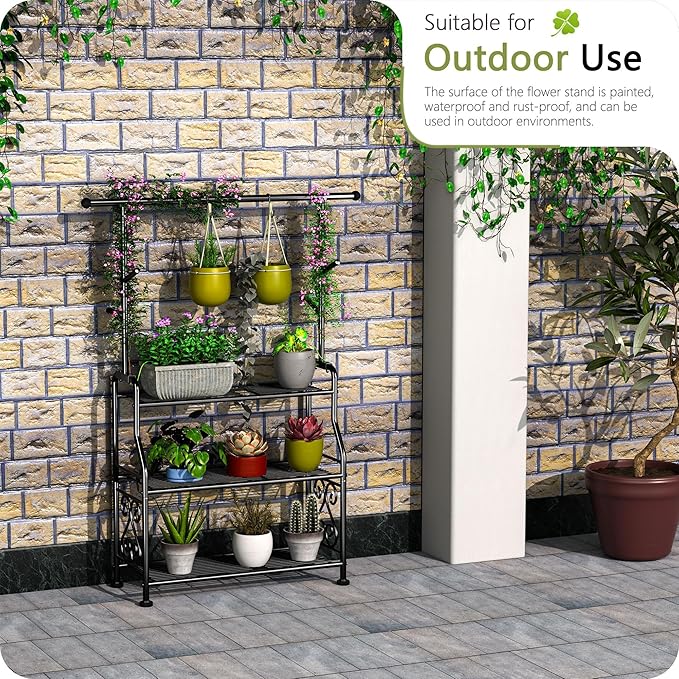 GIOTORENT Plant Stand Indoor, 3-Tier Heavy Duty Metal Shelf for Patio & Indoor, Tall Plant Holds 14+ Plants with 5 Hooks, Rust-Proof Plant Holder for Garden, Balcony, Living Room, Black - Image 5