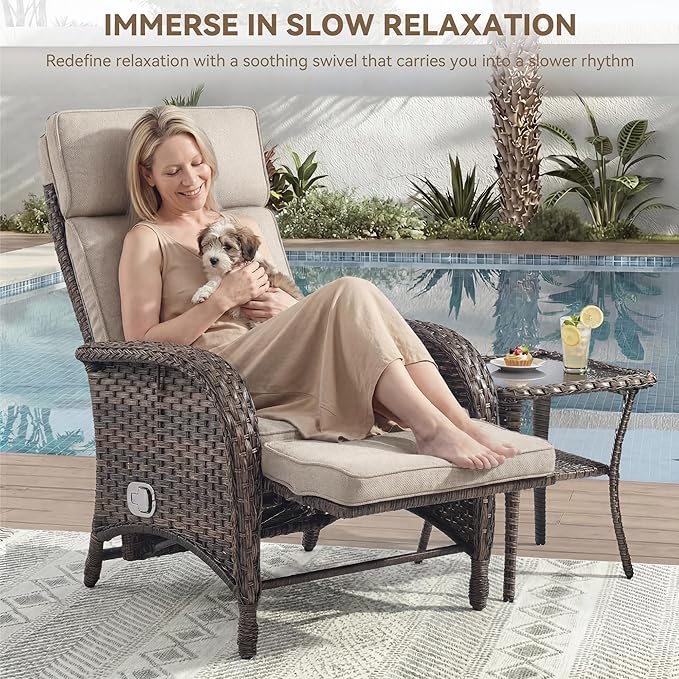 3 Pieces Zero Gravity Wicker Patio Recliner Chairs Set of 2 - Wicker Outdoor Lounge Chair with Side Table, Adjustable Backrest & Footrest, High Back Outdoor Recliner Chair for Pool Deck Beige - Image 4