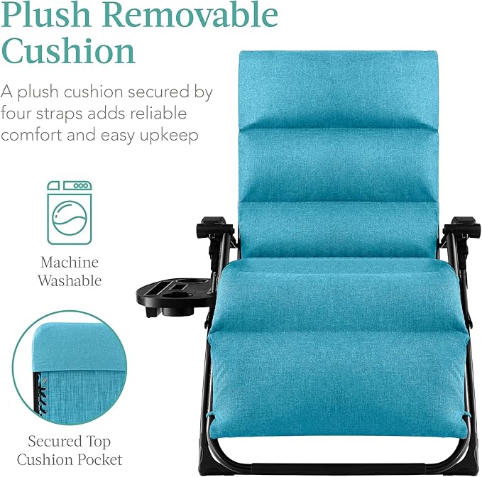 Best Choice Products Oversized Zero Gravity Chair, Folding Outdoor Patio Recliner, XL Anti Gravity Lounger w/Removable Cushion, Cup Holder, Side Tray, 350lb Capacity - Light Blue - Image 3