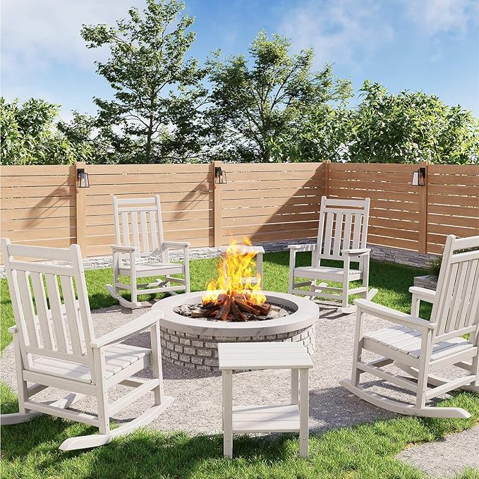 HDPE Rocking Chair Outdoor Set of 4 with 2 Side Table - Poly High Back Porch Rocker Chairs for Adults - All Weather Resistant Furniture for Patio Front Porch - White by Garvee