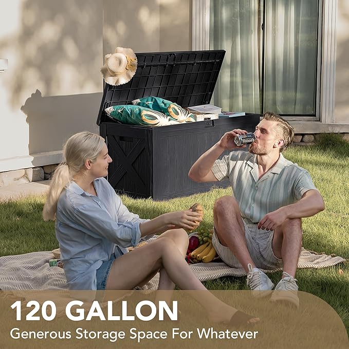Devoko 120 Gallon Deck Box Resin Outdoor Storage Box Waterproof for Patio, Large Outdoor Storage Bench Lockable for Outside (Black) - Image 3