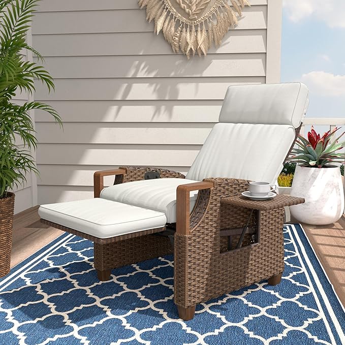 Grand patio Outdoor Recliner with Independent Adjustable Back and Footrest, Air Pump 150° Lay Flat Reclining Chair Removable Olefin Cushion Flip-Up Table Wicker Creamy White 1PC by GrandPatio