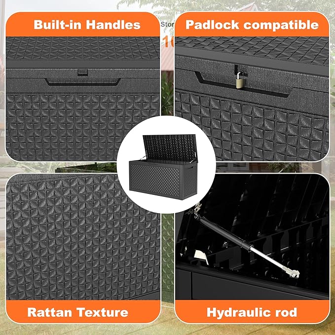 110 Gallon Resin Deck Box, Lockable Patio Outdoor Storage Box for Furniture, Garden Tools and Tools Storage, Waterproof Outside Storage Boxes - Patterned black - Image 3