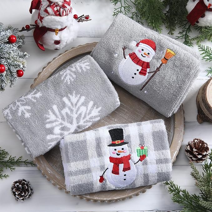 3 Pcs Winter Hand Towels for Bathroom Snowflake Snowman Embroidered Bathroom - Image 2