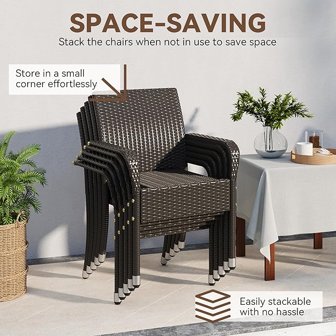 Yaheetech Set of 2 Stackable Outdoor Rattan Dining Chairs, All-Weather Armchair w/Armrests, Steel Frame for Garden, Patio, Deck, Yard, Poolside, Brown - Image 4
