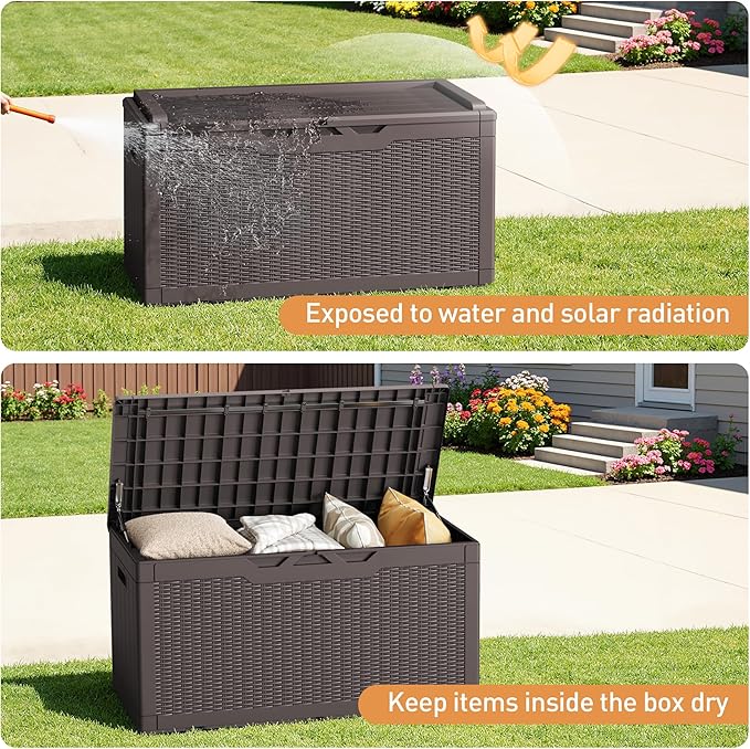 Greesum 100 Gallon Resin Deck Box Large Outdoor Storage Boxes with Cushions for Garden Tools, Patio Furniture Pillows, Pool Supplies, Dark Brown - Image 4