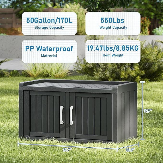 2-Tier Storage Bench, Waterproof UV-Resistant Outdoor Shoe Storage Cabinet with 2 Doors & Adjustable Shelves for Indoor Outdoor Entryway, Hallway, Living Room (Midnight Black) - Image 2
