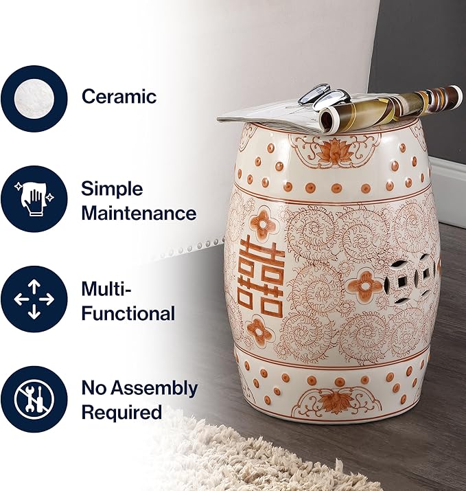 JONATHAN Y TBL1013D Double Happiness 18" Chinoiserie Ceramic Drum Indoor/Outdoor Garden Stool Bohemian, Coastal, Classic, Cottage, Traditional, Patio, Garden, Bathroom, Living Room, Orange/White - Image 4