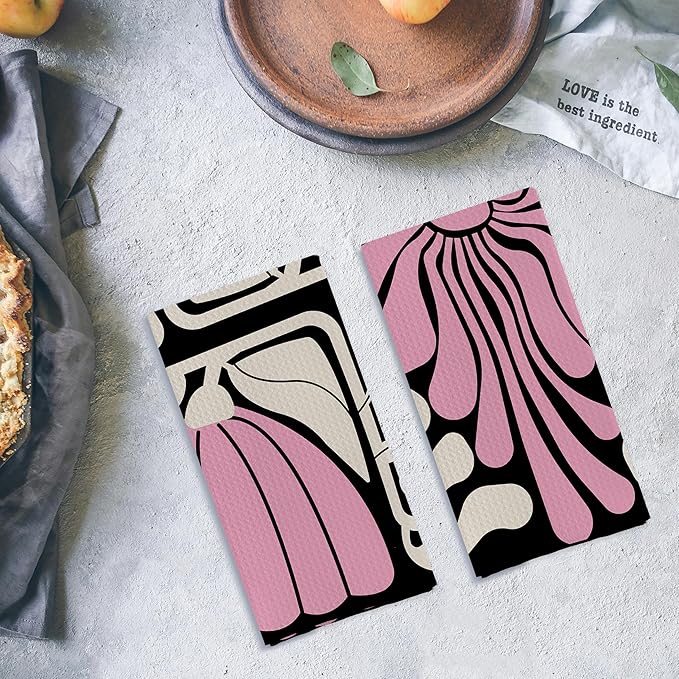 Abstract Boho Pink and Beige Floral Kitchen Towels Set of 2, Retro 70s Groovy - Image 4