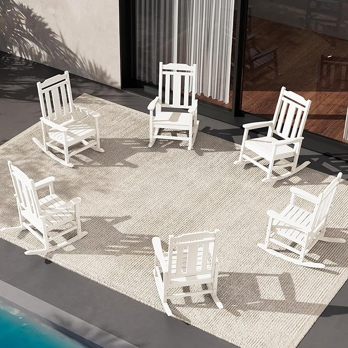 SERWALL Outdoor Rocking Chair Set of 6, Patio Rocking Chair Sets, HDPE Rocking Chair for Adults, White by SERWALL