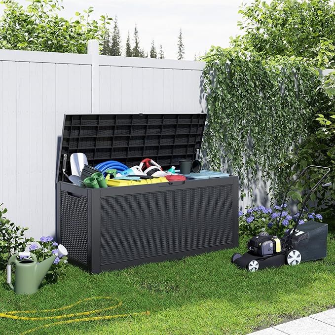 100 Gallon Outdoor Deck Box, Lockable Waterproof Outdoor Storage Boxes For Garden Tools,Indoor Cushions,Accessories Outside Storage Resin Weatherproof Container(Black) - Image 5