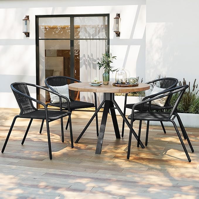 Amopatio Outdoor Dining Chairs Set of 6, Rattan Patio Chairs Wicker, Stackable Indoor-Outdoor Chair, Bistro, Deck, Yard, Porch, Restaurant Stack Chairs, Black - Image 2