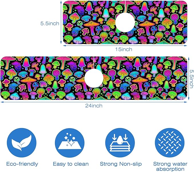 Bright Psychedelic Mushroom Kitchen Sink Splash Guard Mat Absorbent Fast Drying - Image 3