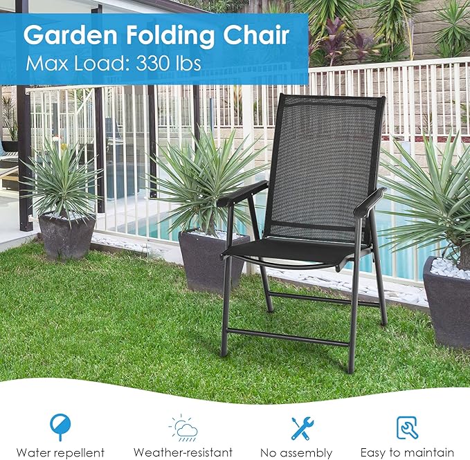 Giantex Set of 4 Patio Folding Chairs, Outdoor Chairs with Armrest, Portable Dining Chairs for Porch Camping Pool Beach Deck Lawn Garden, 4-Pack Patio Chairs, Metal Frame, Black - Image 8