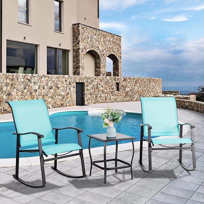 Vongrasig 3 Piece Outdoor Rocking Bistro Set, Textilene Fabric Small Patio Furniture Set, Front Porch Rocker Chairs Conversation Set with Glass Table for Lawn, Garden, Balcony, Poolside (Blue) - Image 2