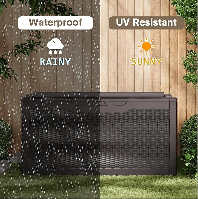JUMMICO 100 Gallon Resin Deck Box with Cushion, Waterproof Outdoor Storage Box with Lockable Lid for Garden Tools, Patio Cushions (Brown) - Image 4