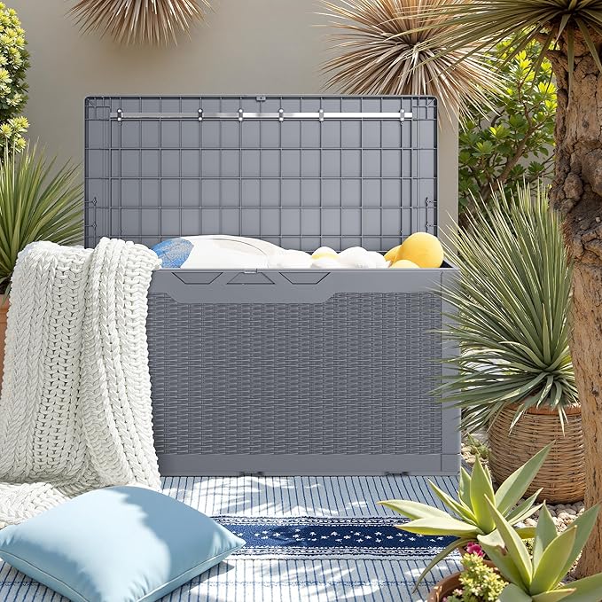 JUMMICO 100 Gallon Resin Deck Box, Waterproof Outdoor Storage Box with Lockable Lid for Garden Tools, Patio Cushions (Gray) - Image 6