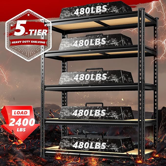 REIBII 2400LBS Storage Shelves 5 Tier Garage Shelving Heavy Duty Adjustable Garage Shelves, Utility Rack Shelf, Shelving Units for Storage Warehouse Pantry Closet, 35.5" W x 11.9" D x 72" H, Black - Image 4