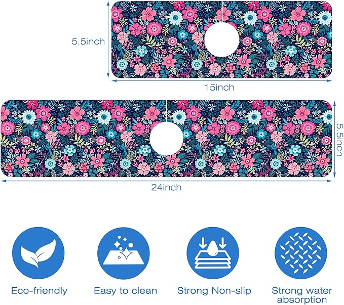 Modern Blue and Pink Floral Sink Faucet Absorbing Mat Sink Splash Guard Faucet - Image 3