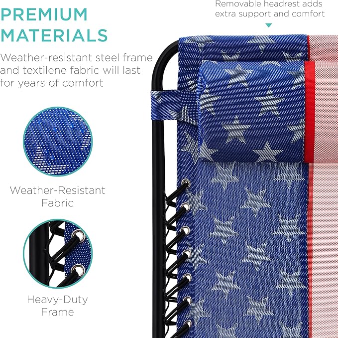Best Choice Products Set of 2 Adjustable Steel Mesh Zero Gravity Lounge Chair Recliners w/Pillows and Cup Holder Trays - American Flag - Image 7
