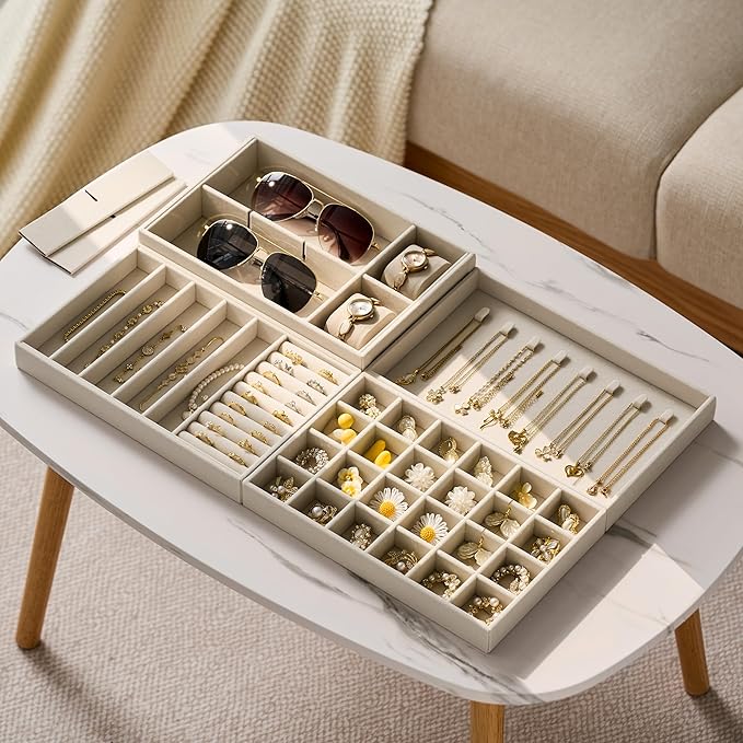 Velvet Jewelry Drawer Organizer Trays – Large Beige Stackable Jewelry Storage - Image 6