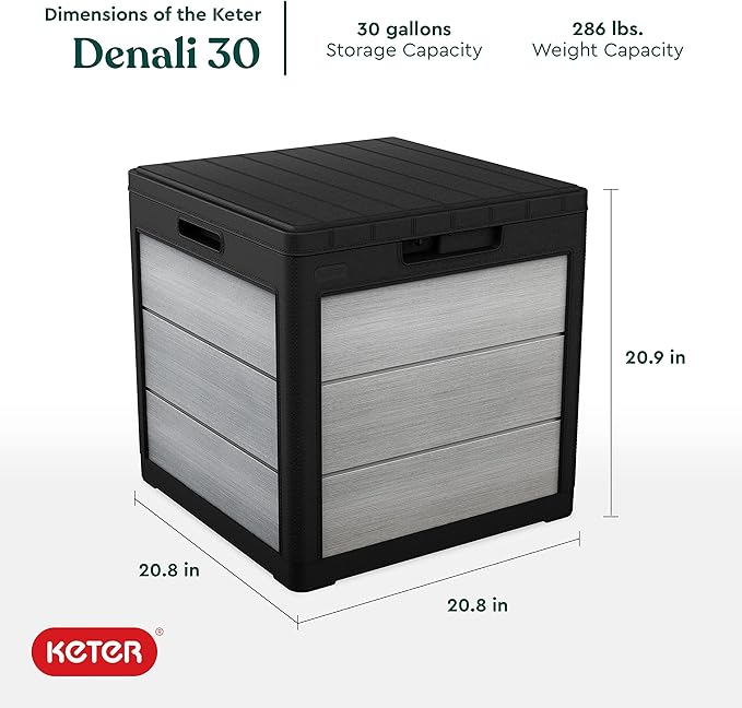 Keter Denali 30 Gallon Resin Outdoor Storage Box and Patio Furniture Side Table for Pool and Garden Accessories, Grey & Black - Image 3