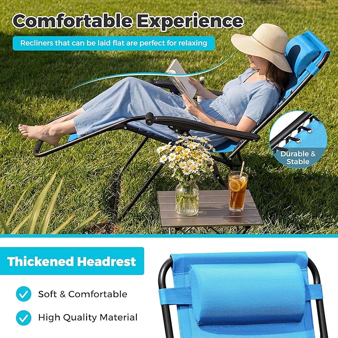 Homall Zero Gravity Chair Patio Folding Lawn Outdoor Lounge Gravity Camp Reclining Lounge Chair with Cup Holder Pillows for Poolside Backyard and Beach Set of 4 (Sky Blue) - Image 4