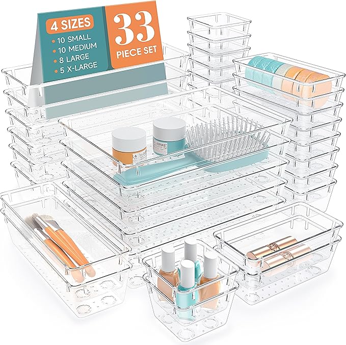 33 PCS Clear Plastic Drawer Organizers Set, 4 Size Desk Drawer Organizer Trays by StorMiracle