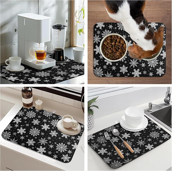 Winter Snowflake Black Dish Drying Mat Christma Snowflakes Large Kitchen Mats - Image 7