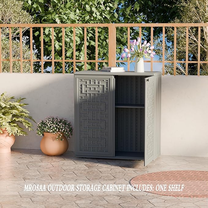 Indoor Outdoor Storage Cabinet Waterproof with Shelf,Plastic Storage Sheds Outdoor Cabinets for Patio/Garden/Backyard, Size 34.3''L*15''W*36.2''H（Gray） - Image 5