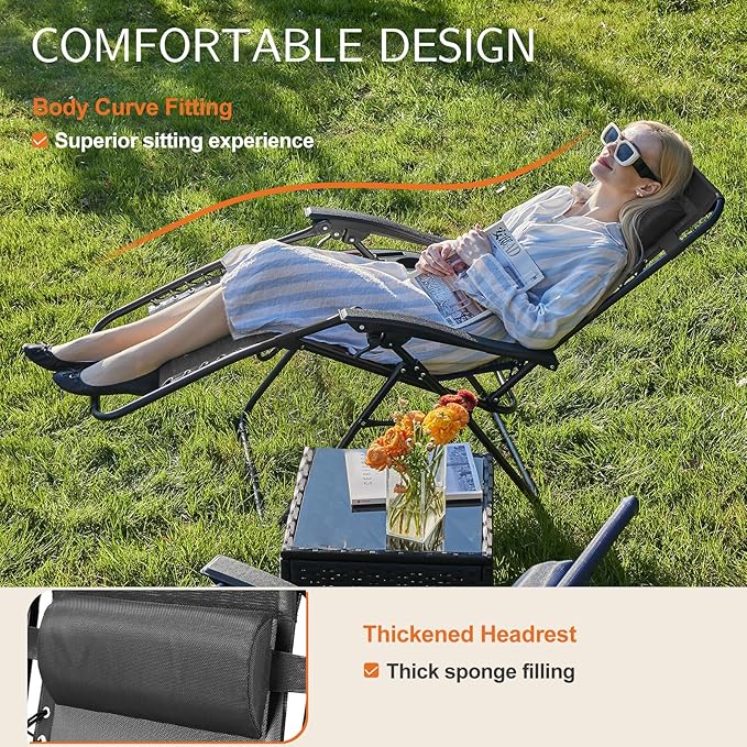 Sweetcrispy Zero Gravity Chairs, Set of 2 Portable Recliner Beach Camping Patio Outdoor Folding Lounge Chair with Cup Holder Trays and Adjustable Pillow for Poolside, Garden, Backyard, Lawn (Black) - Image 3