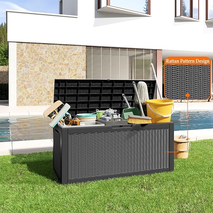 100 Gallon Resin Deck Box, Lockable Patio Outdoor Storage Box for Furniture, Garden Tools and Tools Storage, Waterproof Outside Storage Boxes - Black - Image 2