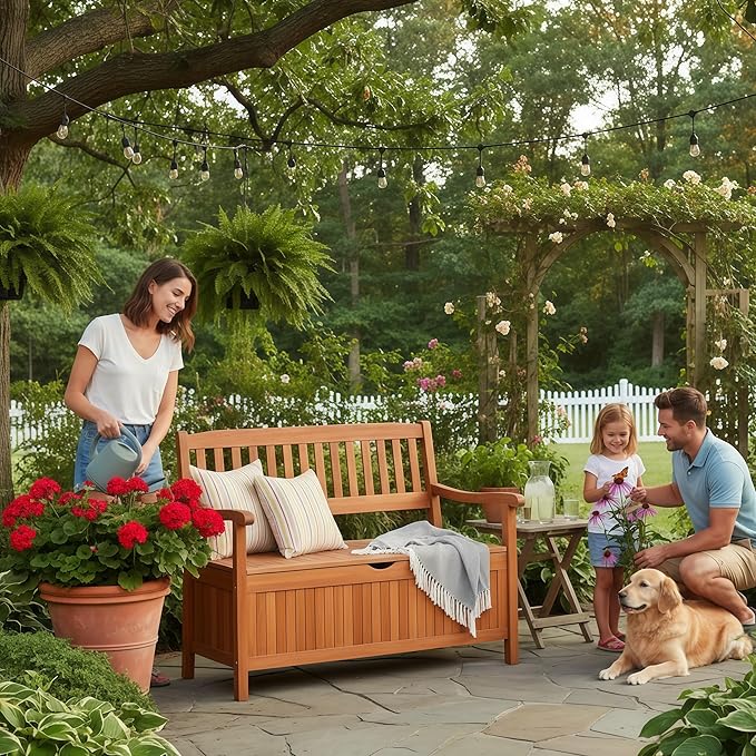 Tangkula Outdoor Wood Storage Bench Deck Box, Entryway Porch Storage Bench with Inner Removable Dust-Proof Lining & Portable Handles, Eucalyptus Wood Loveseat for Garden, Lawn, Balcony & Yard - Image 2