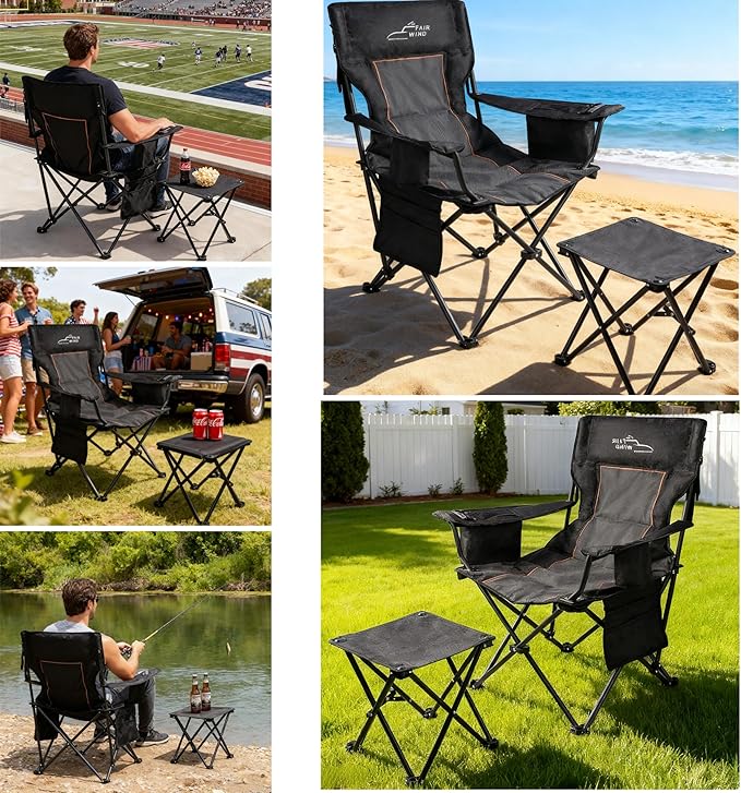 FAIR WIND Oversized Padded Camping Chair with Footrest Stool Set Heavy Duty Support 300 LBS Cooler Bag Chair - Black - Image 4