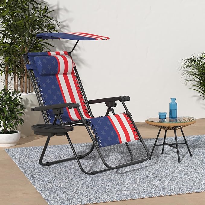 Best Choice Products Folding Zero Gravity Outdoor Recliner Patio Lounge Chair w/Adjustable Canopy Shade, Headrest, Side Accessory Tray, Textilene Mesh - American Flag - Image 2