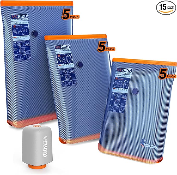 Vacuum Storage Bags with Rechargeable Cordless Pump, 15 Pack 3 Size Compression by Vacbird